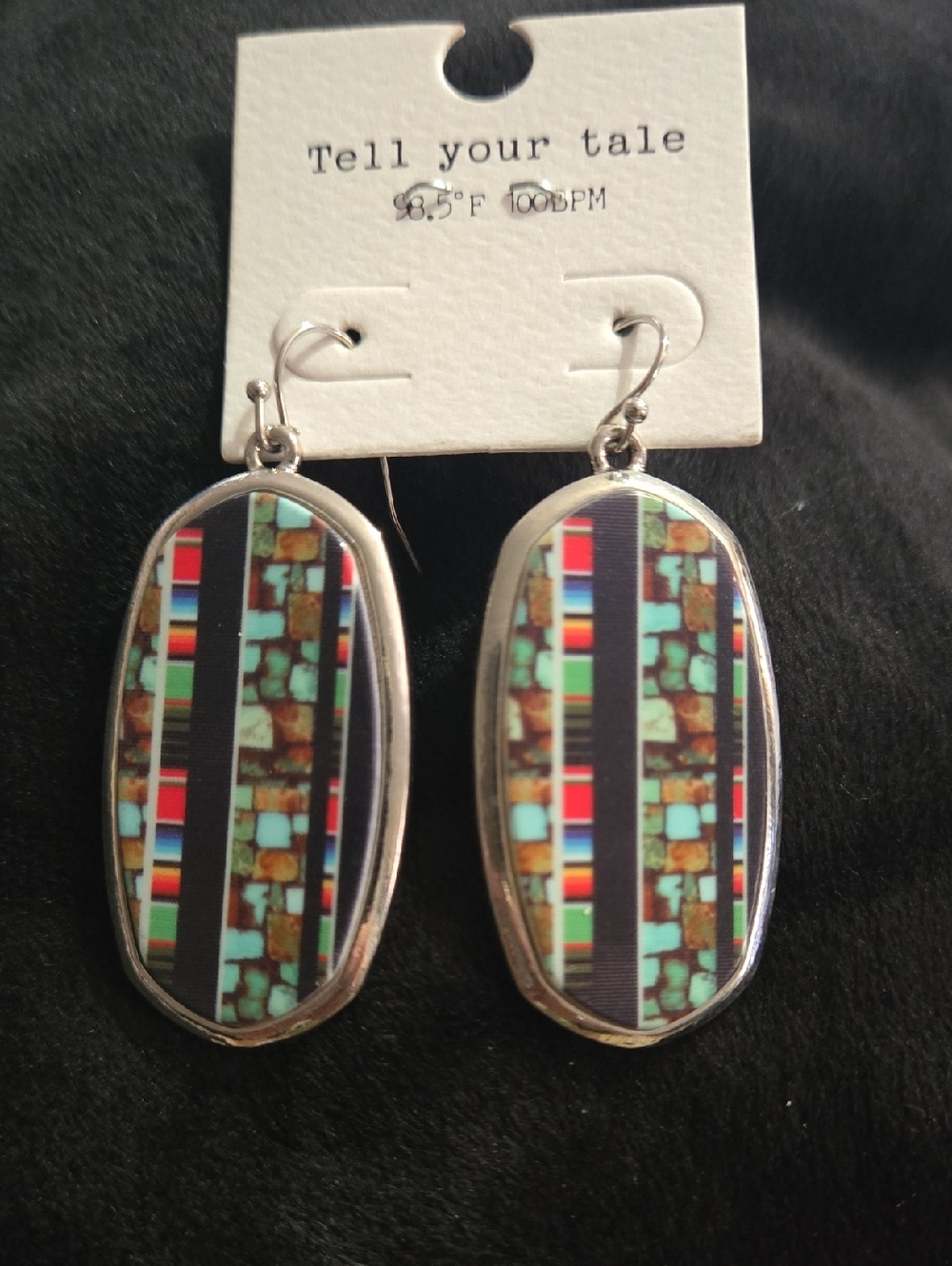 Tell Your Tale Multicolor Inlay Oval Drop Earrings - Silver Frame